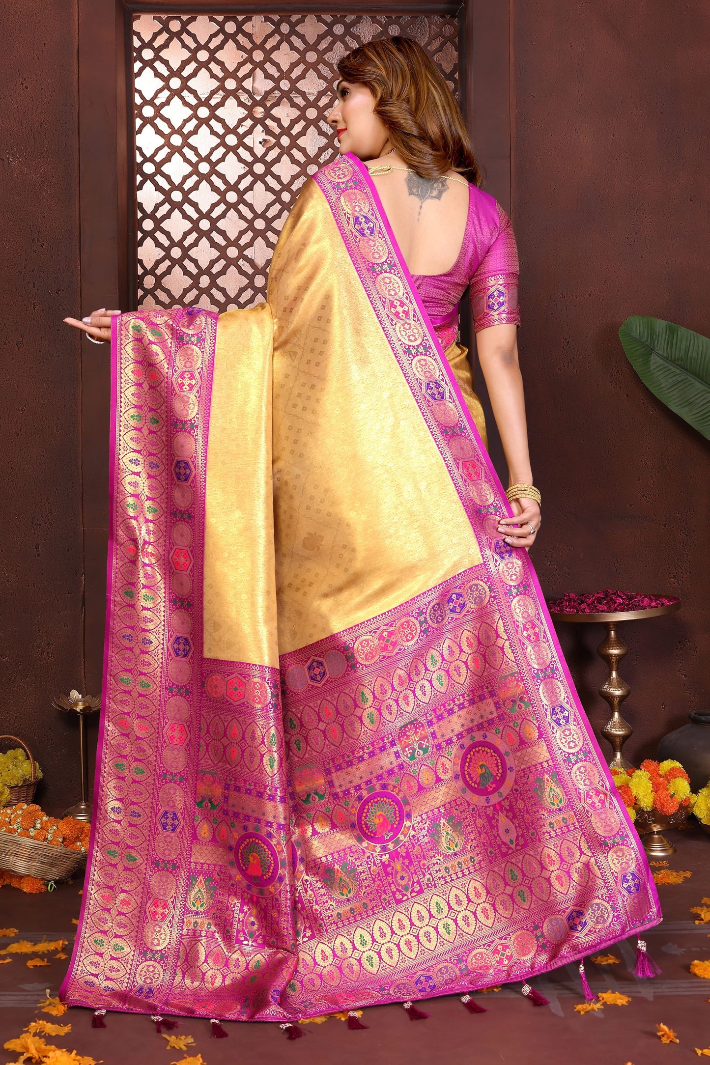 Designer Banarasi Silk Saree in Gold with Rich Pink Meenakari Work Festive Saree