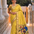 Mustard Yellow Cotton Silk Saree Golden Border Peacock Floral Designer Pallu