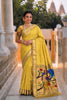Mustard Yellow Cotton Silk Saree Golden Border Peacock Floral Designer Pallu