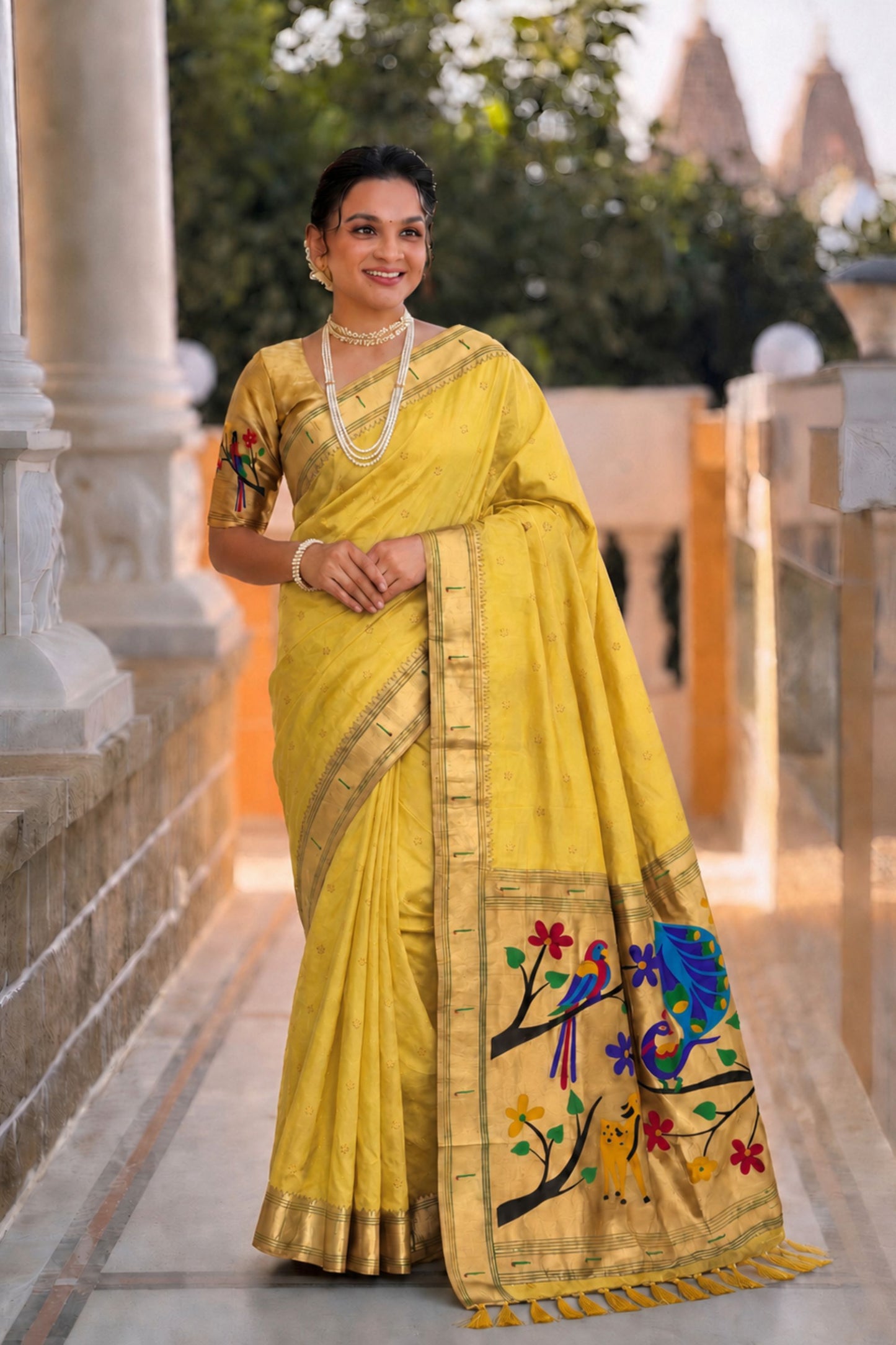 Mustard Yellow Cotton Silk Saree Golden Border Peacock Floral Designer Pallu