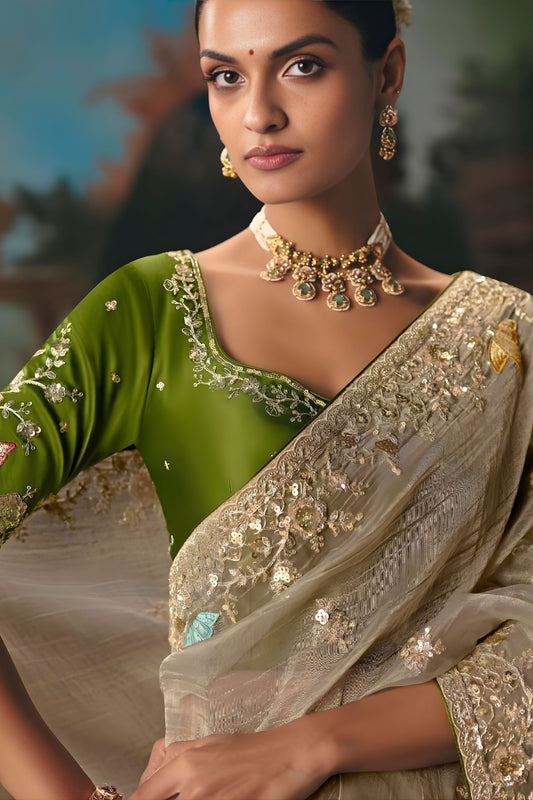 Beige Embroidered Silk Saree with Green Blouse Festive Wear
