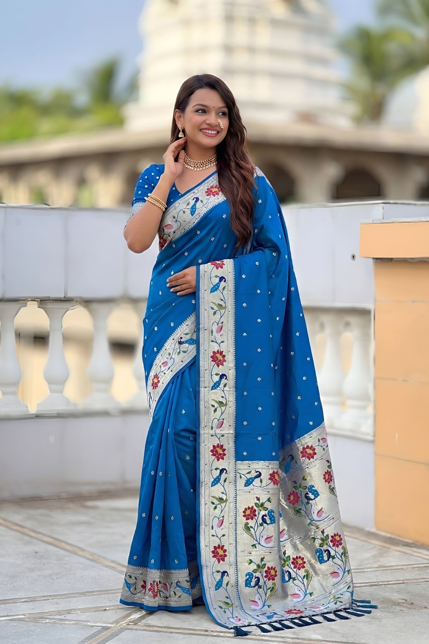 Royal Blue Paithani Silk Saree Multicolor Peacock Floral Woven Border