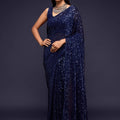 Designer Navy Blue Sequins Party Wear Saree with Blouse