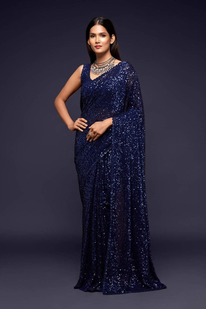 Designer Navy Blue Sequins Party Wear Saree with Blouse
