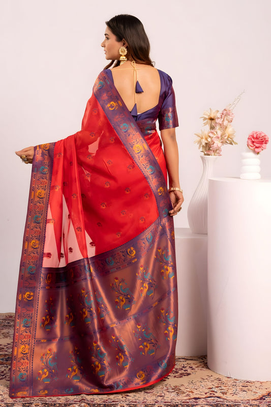 Red Paithani Silk Saree with Purple Zari Border and Traditional
