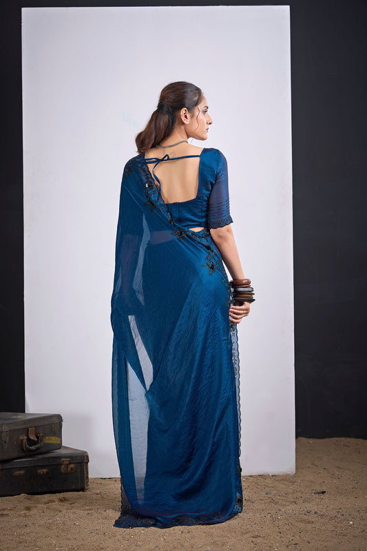 Teal Blue Organza Silk Saree with Black Embroidered Blouse