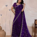 Royal Purple Silk Saree Golden Zari Embroidery Border Matching Blouse