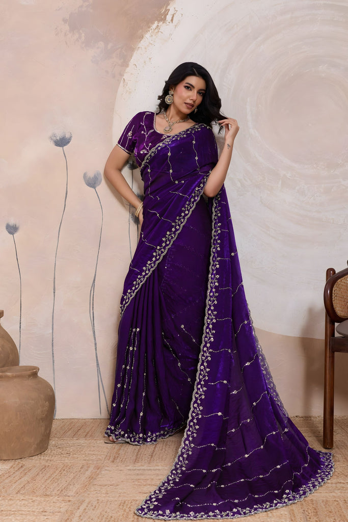 Royal Purple Silk Saree Golden Zari Embroidery Border Matching Blouse