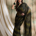 Olive Green Black Striped Georgette Saree with Printed Blouse