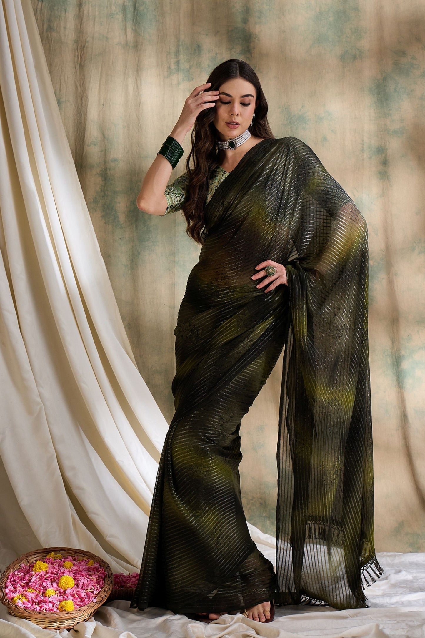 Olive Green Black Striped Georgette Saree with Printed Blouse
