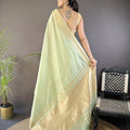 Mint Green Linen Silk Saree with Golden Zari Border Tassel Pallu