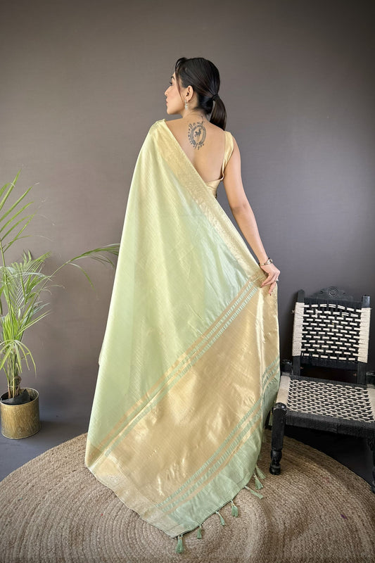 Mint Green Linen Silk Saree with Golden Zari Border Tassel Pallu
