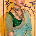 Sea Green Banarasi Silk Saree with Golden Zari Contrast Blouse