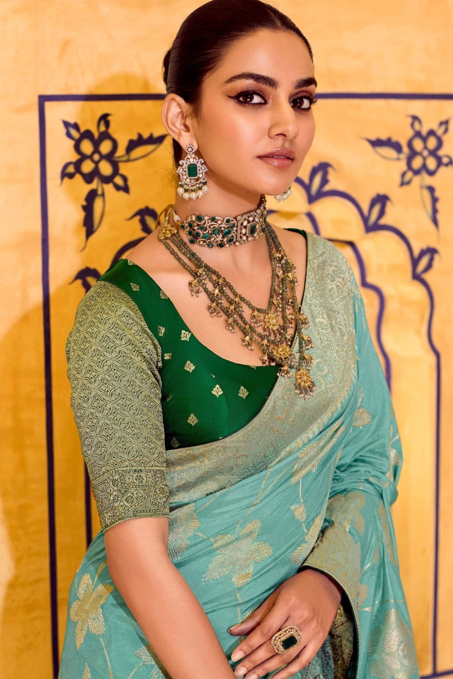 Sea Green Banarasi Silk Saree with Golden Zari Contrast Blouse