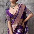 Royal Purple Banarasi Silk Saree Gold Zari Border Floral Weaving Saree