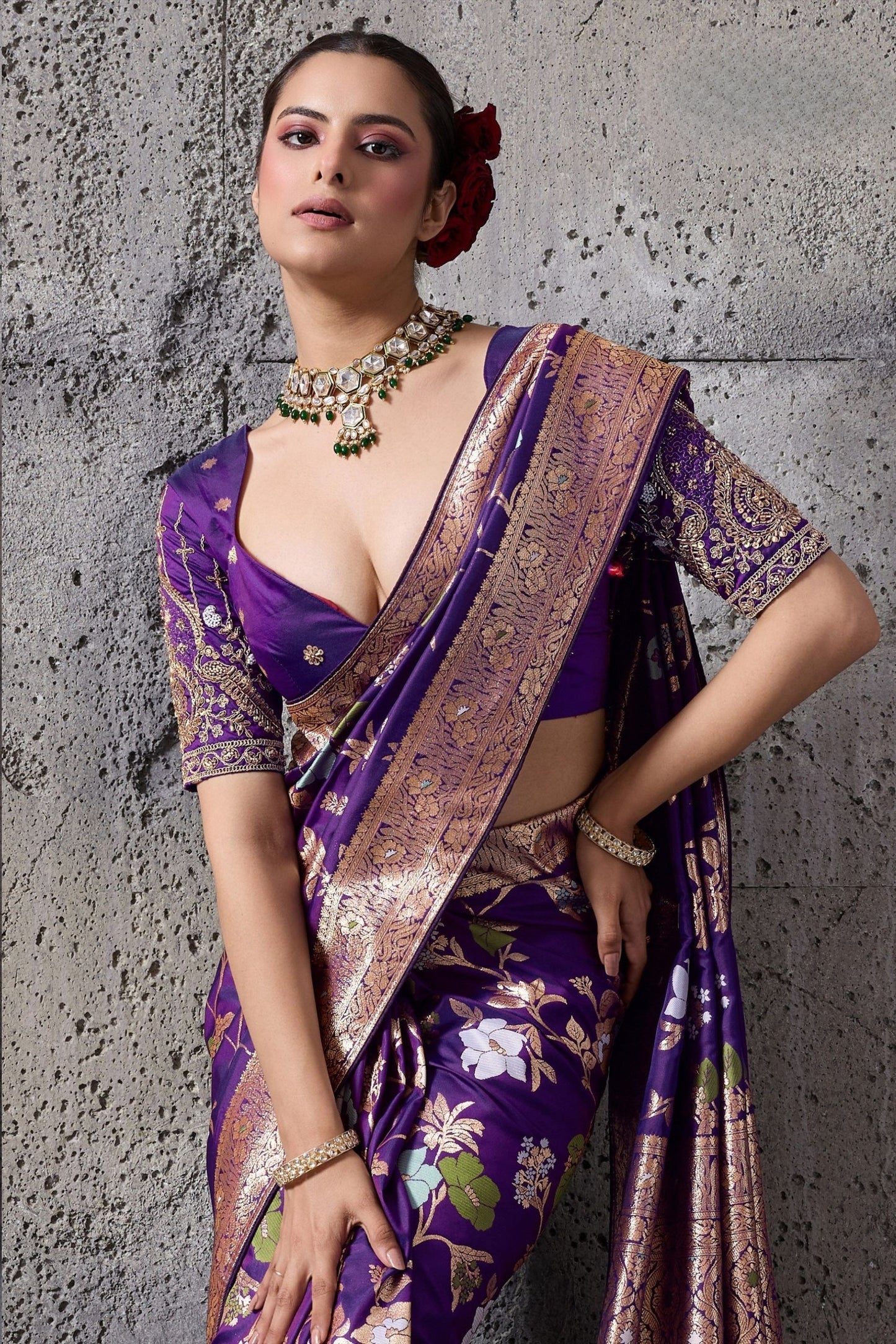 Royal Purple Banarasi Silk Saree Gold Zari Border Floral Weaving Saree
