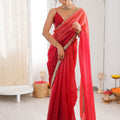 Red Organza Silk Saree with Designer Gold Lace Border Matching Blouse 