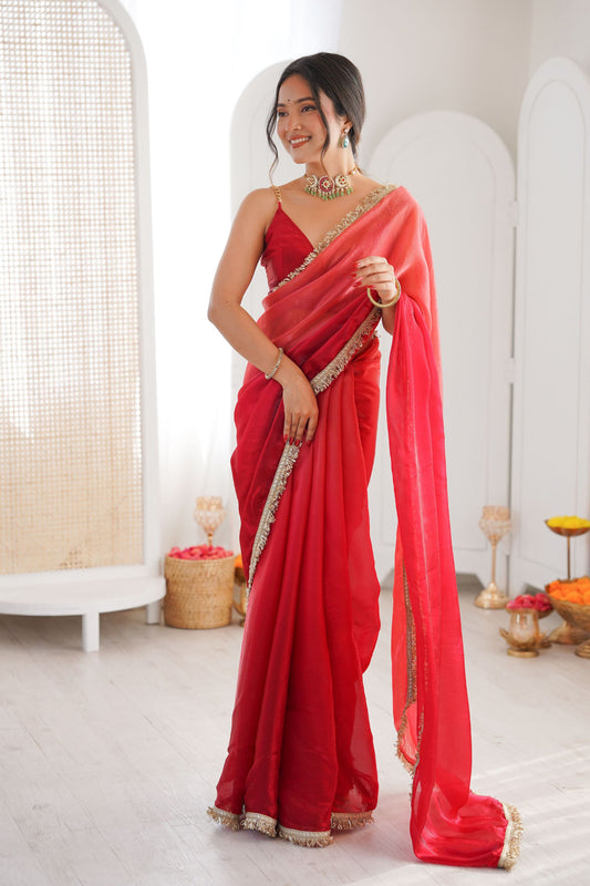 Red Organza Silk Saree with Designer Gold Lace Border Matching Blouse 