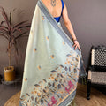 Elegant Mint Green Linen Cotton Saree Floral Print Pallu