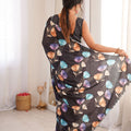 Black Floral Digital Printed Linen Saree with Designer Lace Border