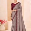 Taupe Grey Silk Saree with Wine Designer Embroidered Border
