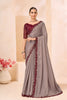 Taupe Grey Silk Saree with Wine Designer Embroidered Border