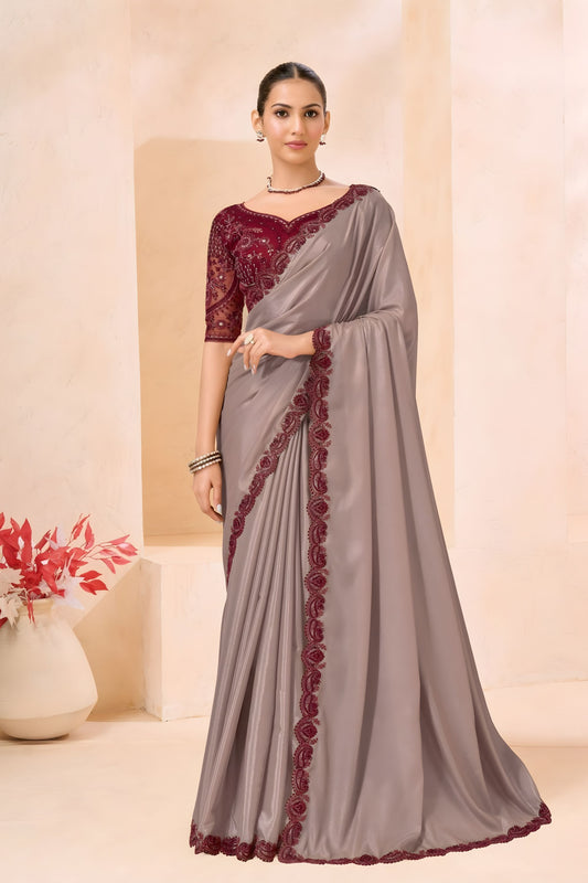 Taupe Grey Silk Saree with Wine Designer Embroidered Border