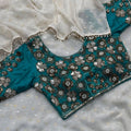 Off White Georgette Saree Golden Butti Designer Teal Green Floral Embroidered Blouse