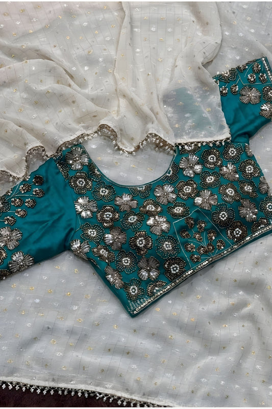 Off White Georgette Saree Golden Butti Designer Teal Green Floral Embroidered Blouse