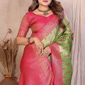 Green Pink Banarasi Silk Saree with Rich Zari Weaving and Contrasting Pallu