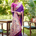 Purple Silk Saree Pink Border Multicolor Peacock Zari Weaving Work