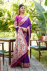 Purple Silk Saree Pink Border Multicolor Peacock Zari Weaving Work
