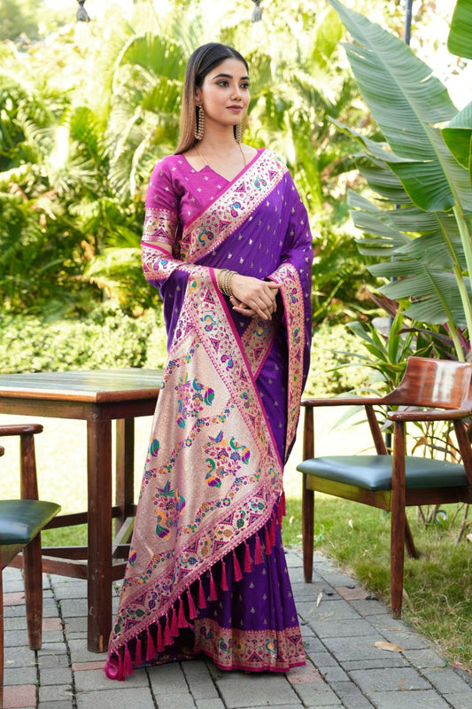 Purple Silk Saree Pink Border Multicolor Peacock Zari Weaving Work