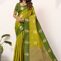 Olive Green Banarasi Silk Saree Gold Zari Motifs Rich Woven Pallu 