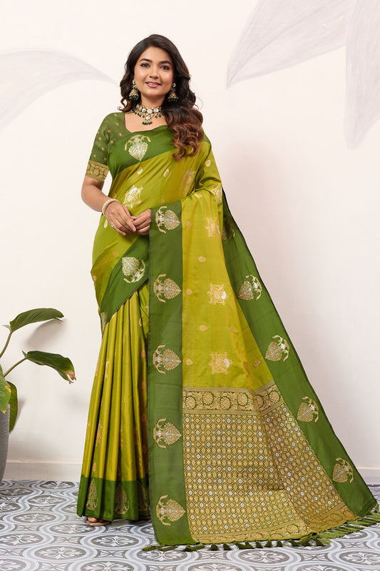 Olive Green Banarasi Silk Saree Gold Zari Motifs Rich Woven Pallu 