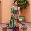 Magenta Silk Saree Teal Green Contrast Border Zari Weaving Festive Wear