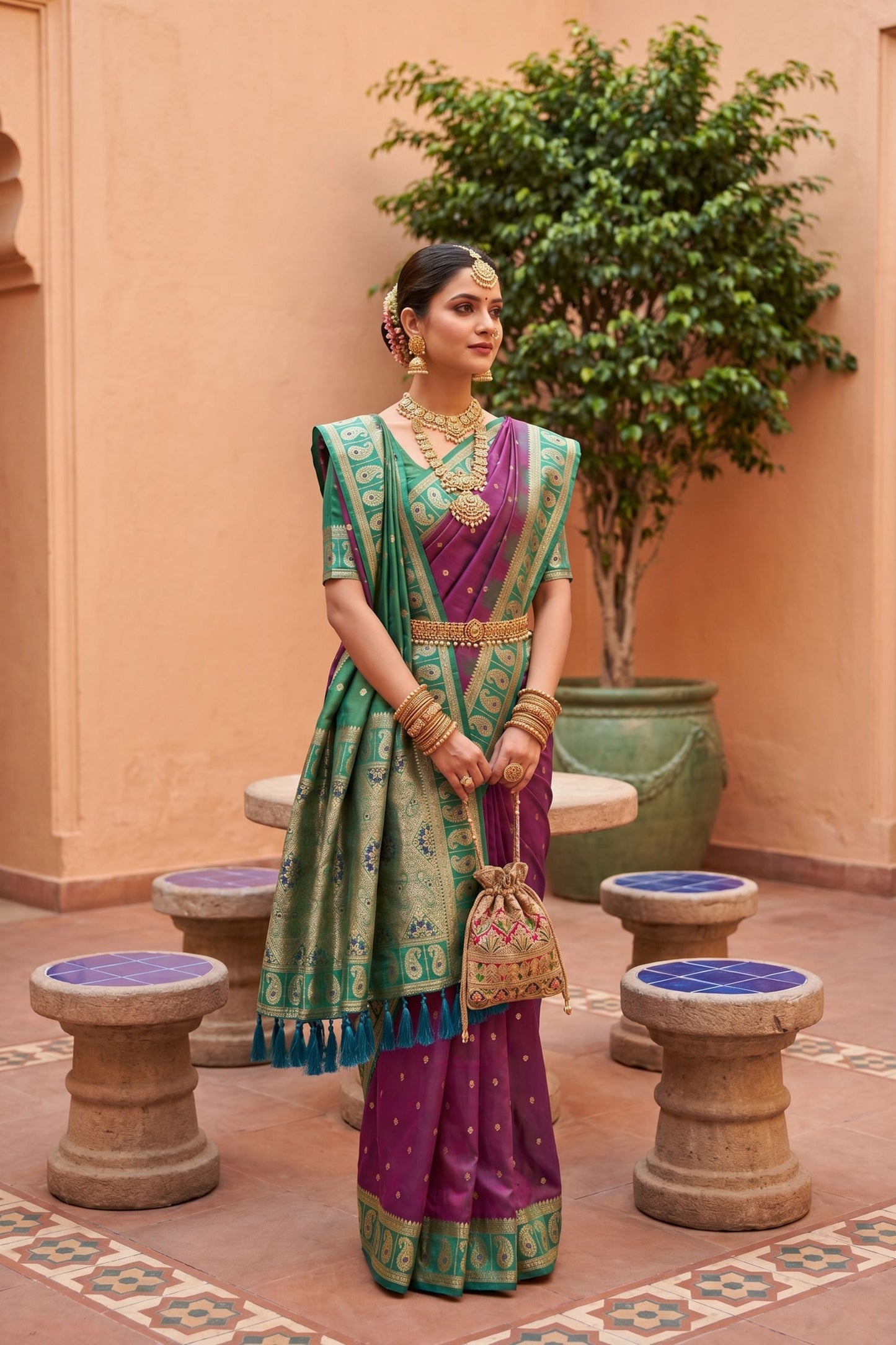 Magenta Silk Saree Teal Green Contrast Border Zari Weaving Festive Wear