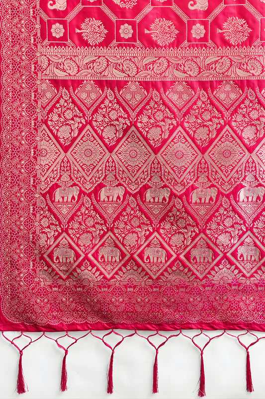 Luxury Rani Pink Banarasi Silk Saree Rich Gold Zari Weaving Traditional Motifs