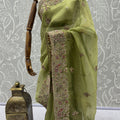 Pista Green Organza Silk Saree Heavy Embroidery Designer Border