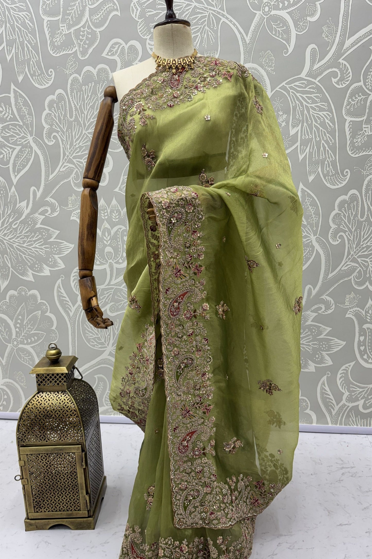 Pista Green Organza Silk Saree Heavy Embroidery Designer Border