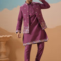 Stylish Purple Embroidered Silk Kurta Set with Floral Jacket for Wedding