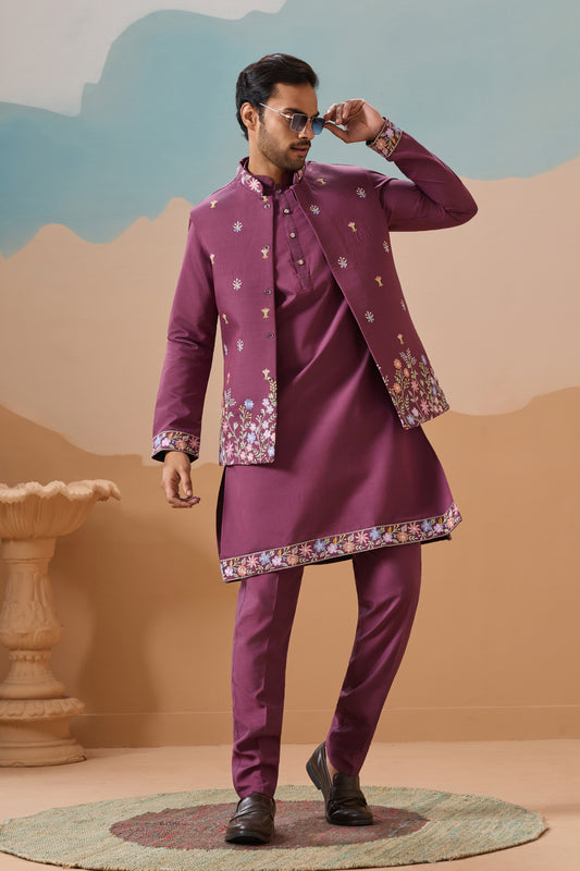 Stylish Purple Embroidered Silk Kurta Set with Floral Jacket for Wedding