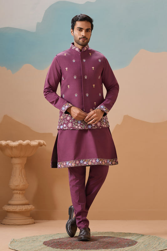 Stylish Purple Embroidered Silk Kurta Set with Floral Jacket for Wedding
