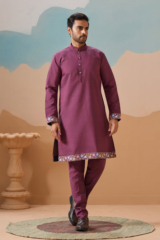 Stylish Purple Embroidered Silk Kurta Set with Floral Jacket for Wedding