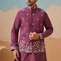Stylish Purple Embroidered Silk Kurta Set with Floral Jacket for Wedding