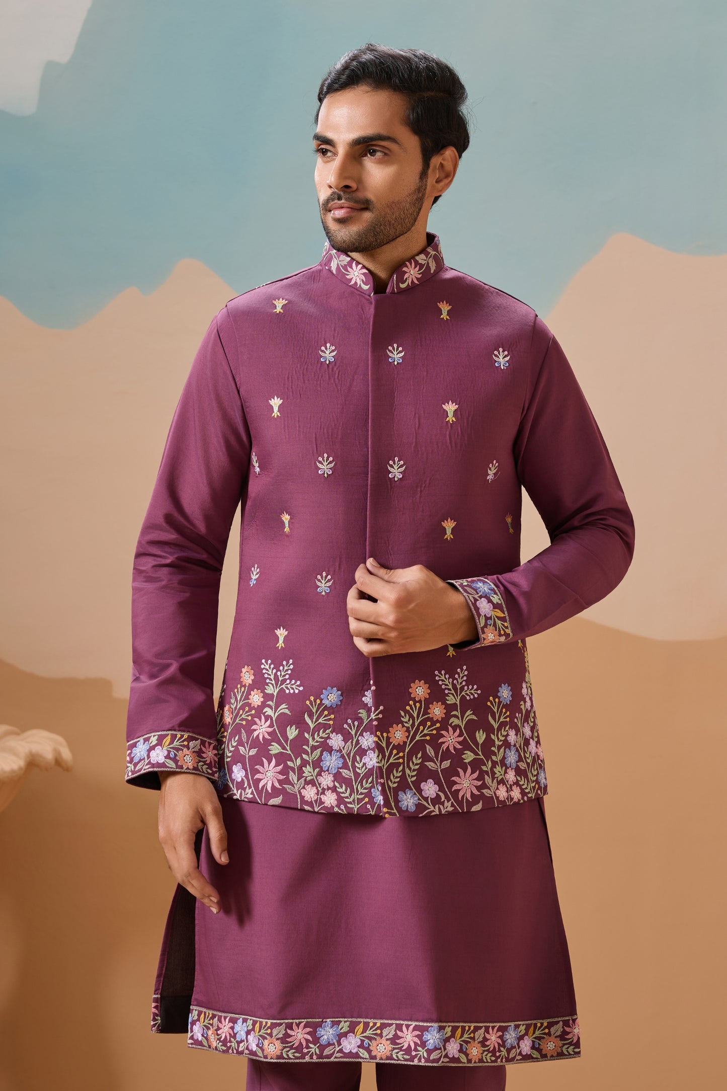 Stylish Purple Embroidered Silk Kurta Set with Floral Jacket for Wedding
