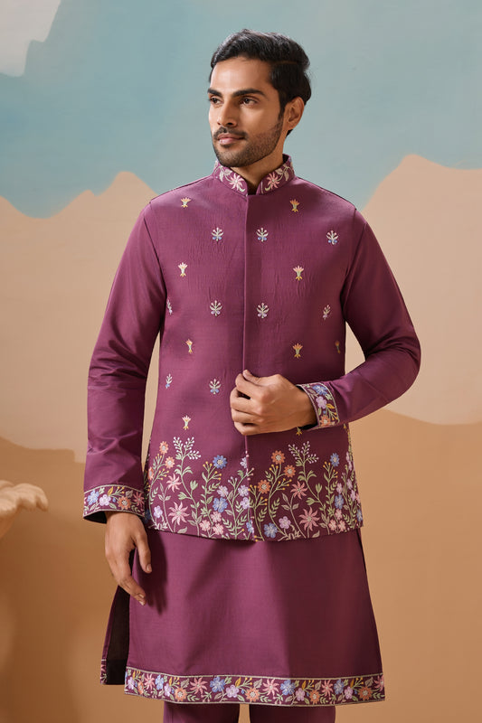 Stylish Purple Embroidered Silk Kurta Set with Floral Jacket for Wedding