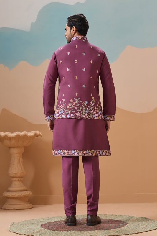 Stylish Purple Embroidered Silk Kurta Set with Floral Jacket for Wedding