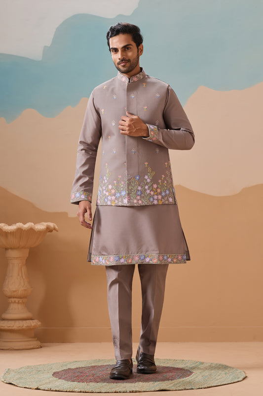 Stunning Grey Embroidered Silk Kurta Set with Floral Jacket for Wedding