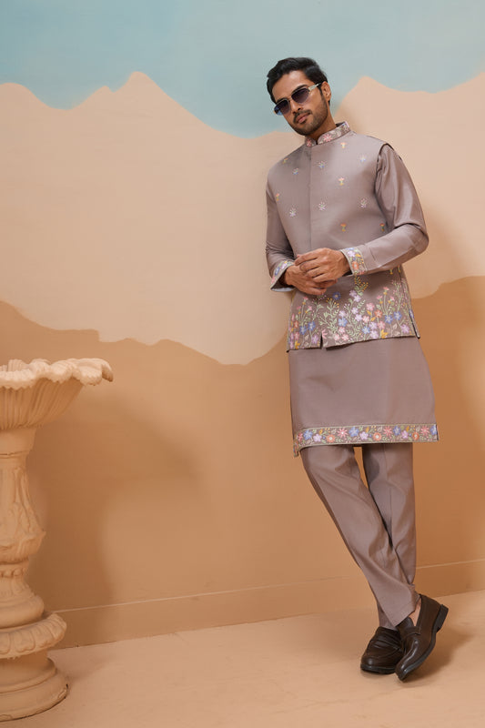 Stunning Grey Embroidered Silk Kurta Set with Floral Jacket for Wedding